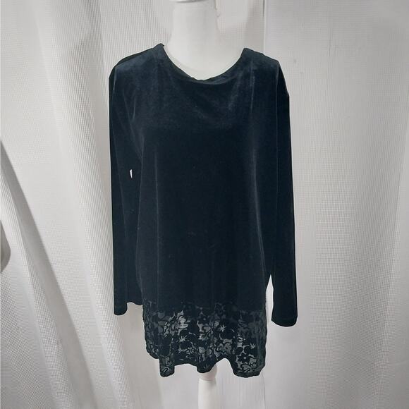 CAROLE LITTLE! YUMMY BLACK STRETCH VELVET, SHEER LACE EDGED TOP, SHIRT ! SZ 16 - Picture 2 of 8